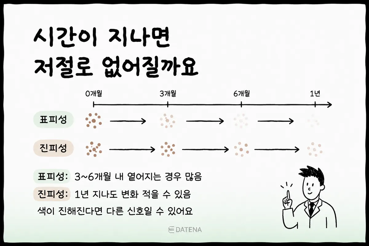 表皮に近い色素沈着は、数か月かけて薄くなることが多いです。肌の深いところまで色素が入り込んでいる場合は、比較的長く残ることがあります。