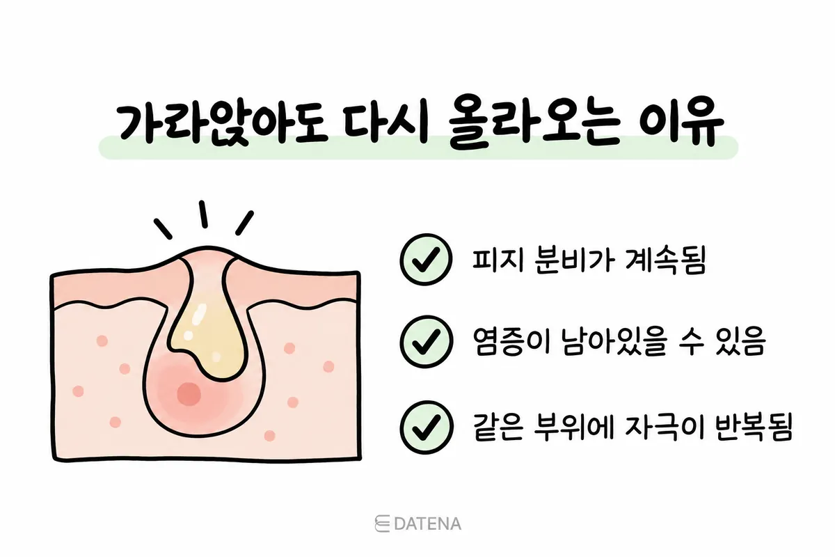 皮脂の分泌、残った炎症、繰り返す刺激が同じ部位のニキビ再発につながる様子を示したイラスト