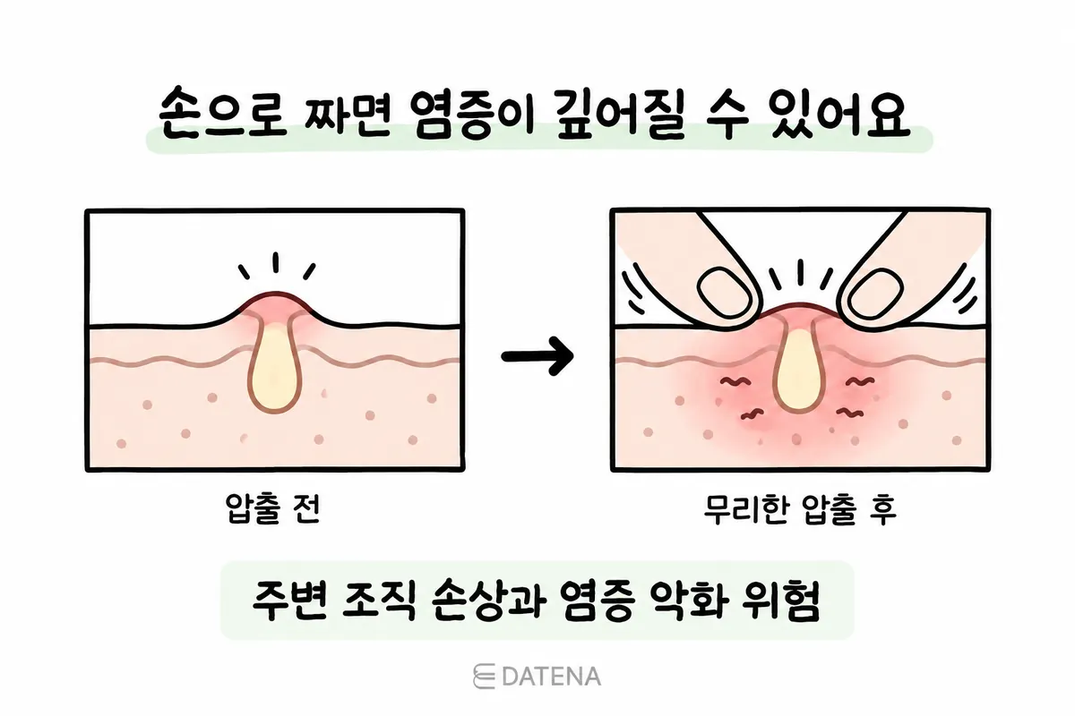 ニキビを手で無理につぶす前と後の肌への刺激を比較した断面イラスト