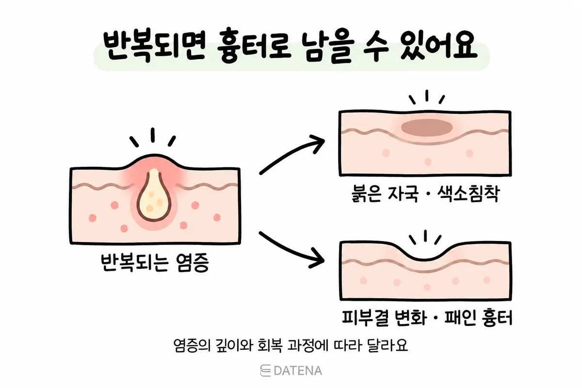 繰り返すニキビの炎症の後に赤み・色素沈着や凹んだ跡が残る経過を示したイラスト