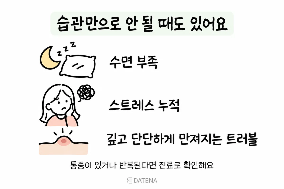 睡眠不足・ストレスと、硬く触れるニキビをチェックするための案内イラスト