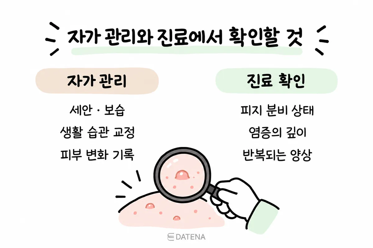 ニキビのセルフケアと、診察で皮脂・炎症の深さ・繰り返しのパターンを確認する項目の比較