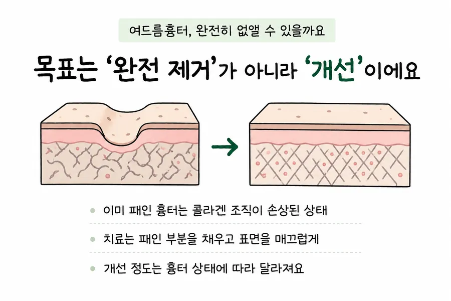 凹んだニキビ跡が治療後になだらかになった肌の断面を示す改善イメージ図