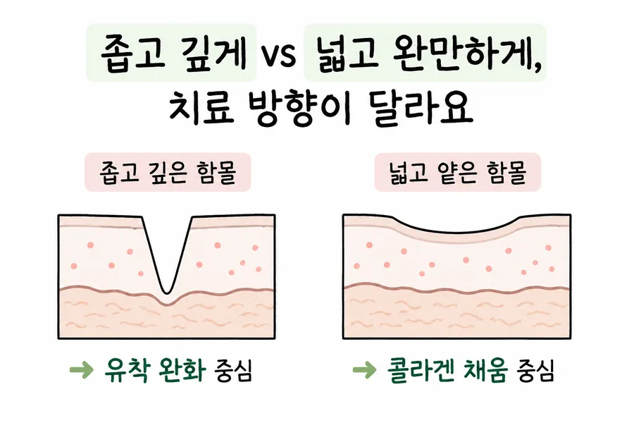 狭く深いニキビ跡と広く浅い傷あとの肌断面および治療の方向性を比較した図