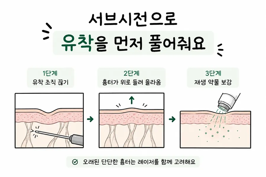 狭く深く凹んだニキビ跡の癒着をほぐし、肌が持ち上がるサブシジョンの過程を示した図