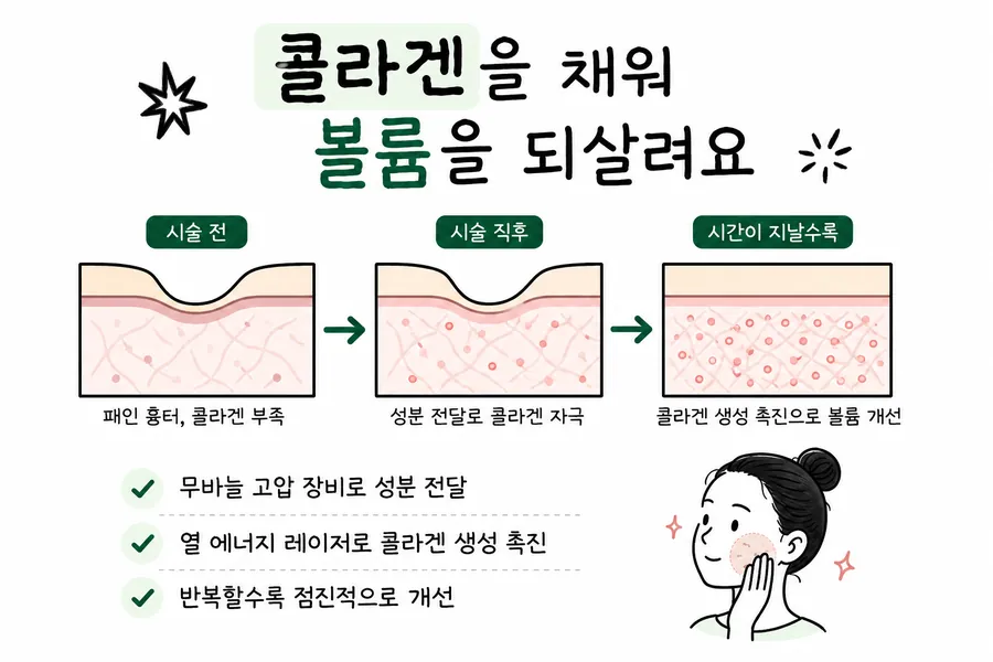 広くなだらかに凹んだニキビ跡へのコラーゲン補充と、時間経過による肌断面の変化を描いた図