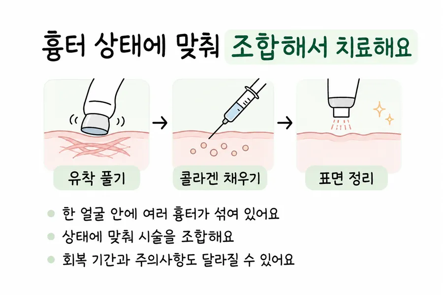 ニキビ跡治療における癒着をほぐす、コラーゲンを補う、肌表面を整えるという流れを順に描いた図