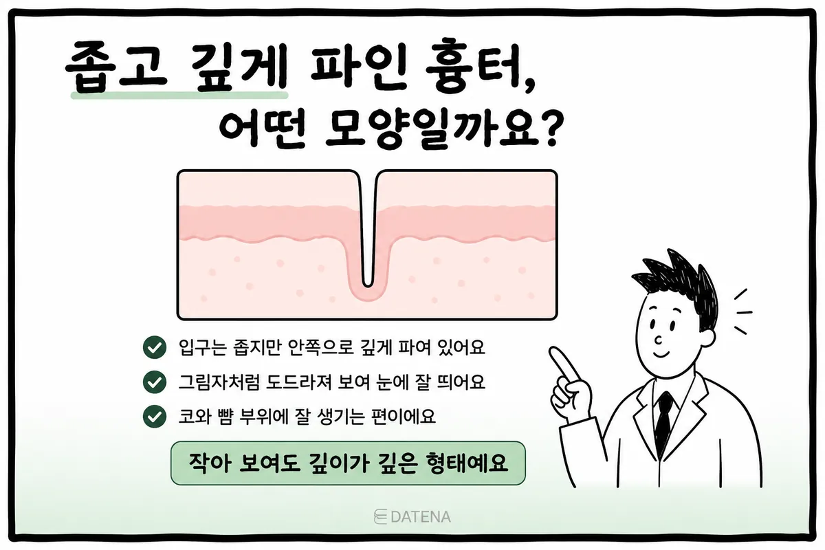 皮膚の断面で、入口が狭く真皮の奥深くまでえぐれたニキビ跡を示したイラスト