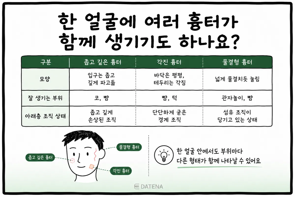 狭く深い凹み、角ばった凹み、波状の凹みについて、形・できやすい部位・組織の状態を比較した表
