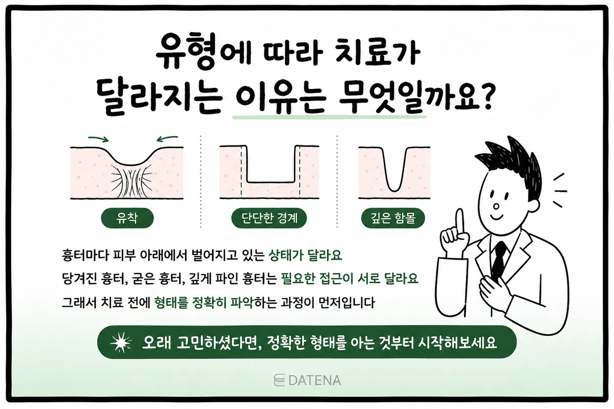 癒着タイプ、硬い境界タイプ、深い穴タイプの凹みの断面と、タイプ別の治療アプローチを比較したイラスト