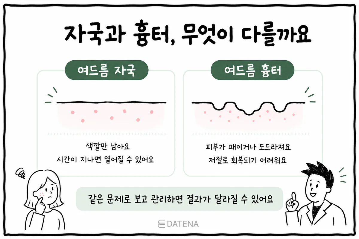 なめらかな肌に色だけが残ったニキビ跡と、表面が凹んだニキビクレーターの断面を並べて比較したイラスト