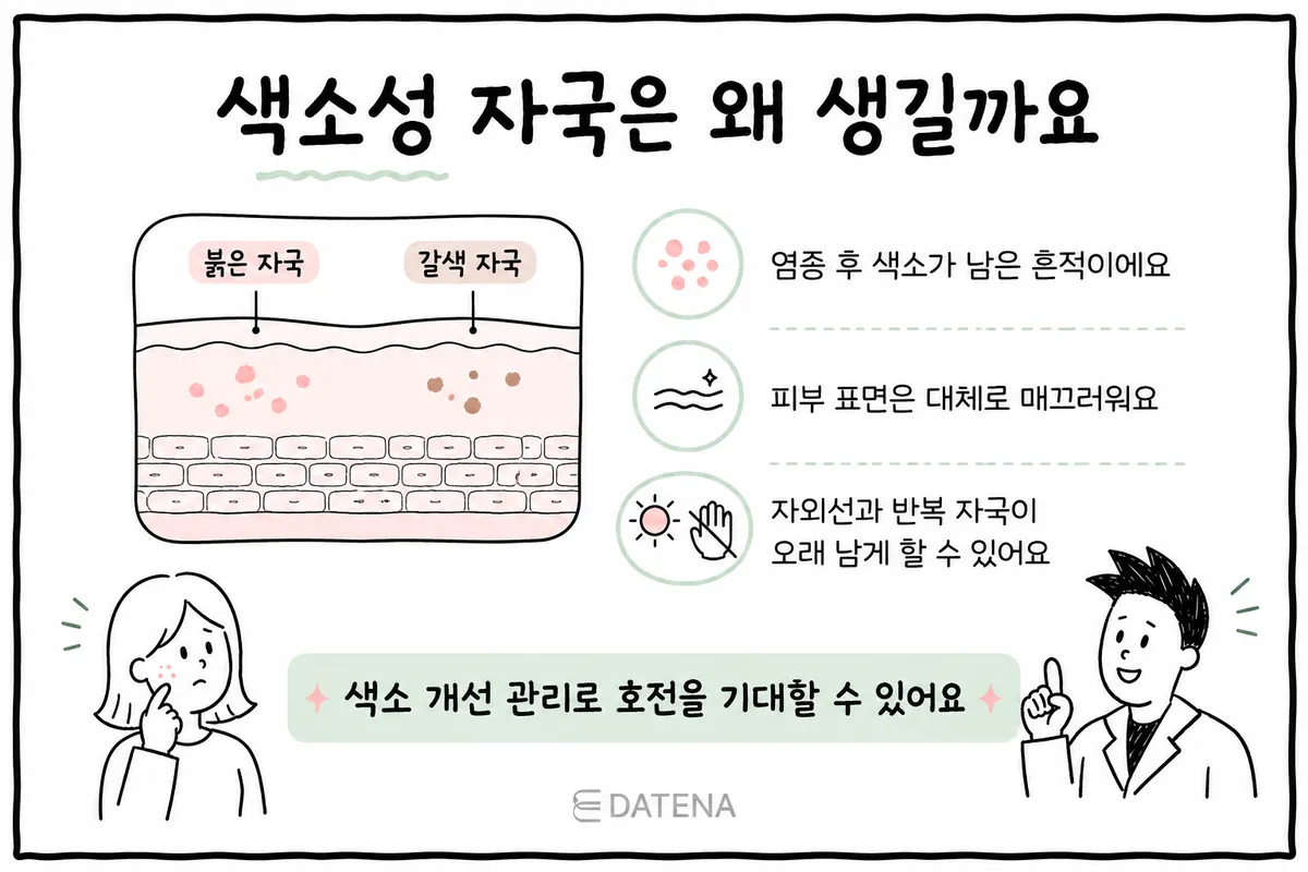 肌の断面に見られる赤い跡と茶色い跡を通して、炎症のあとに残る色素性のニキビ跡を説明したイラスト