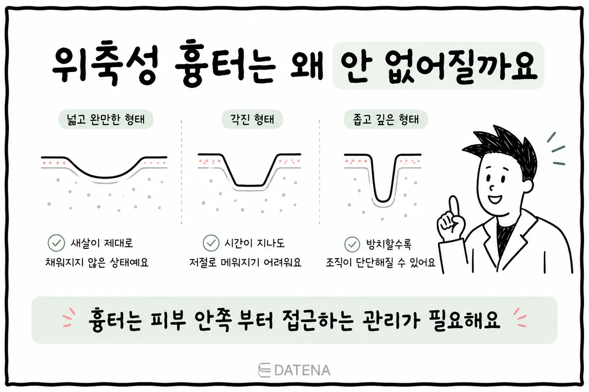広くなだらかな凹み、角ばった凹み、狭く深い凹みなど、萎縮性ニキビクレーターの形を比較したイラスト