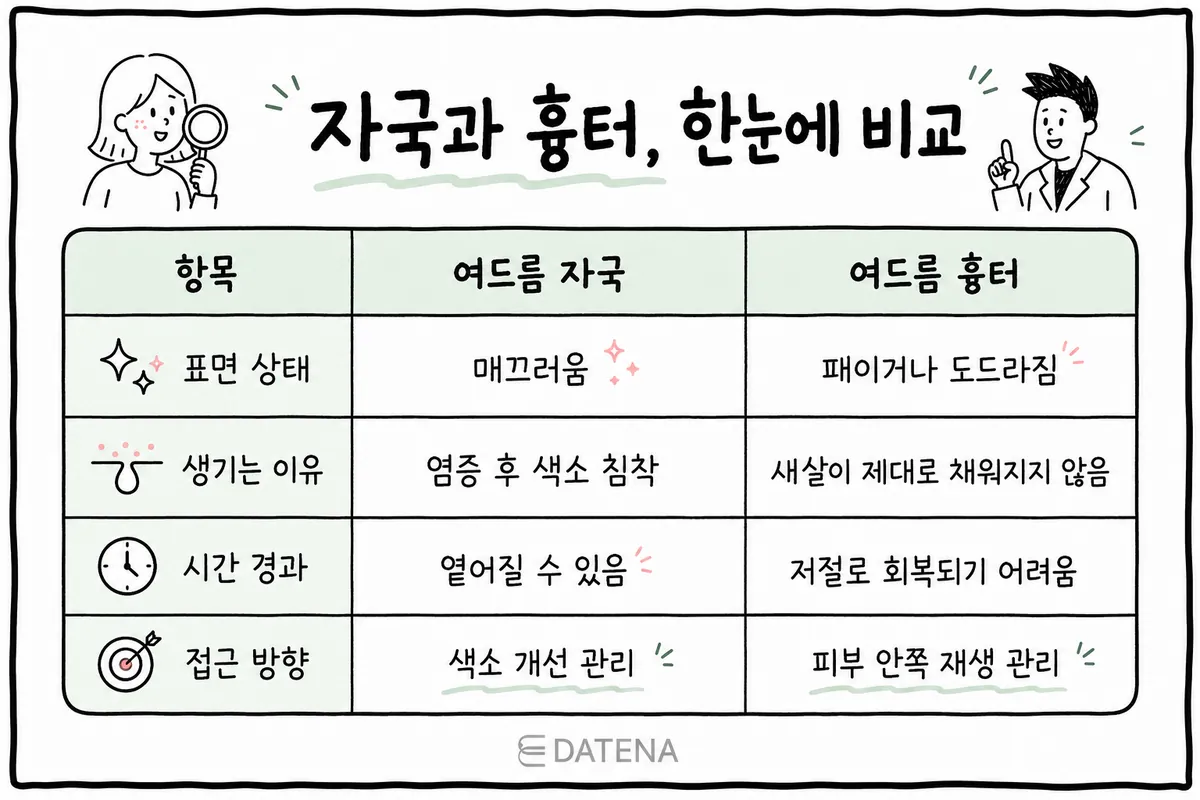 ニキビ跡とニキビクレーターの表面の状態・原因・時間経過・ケアの方向性を比較した表