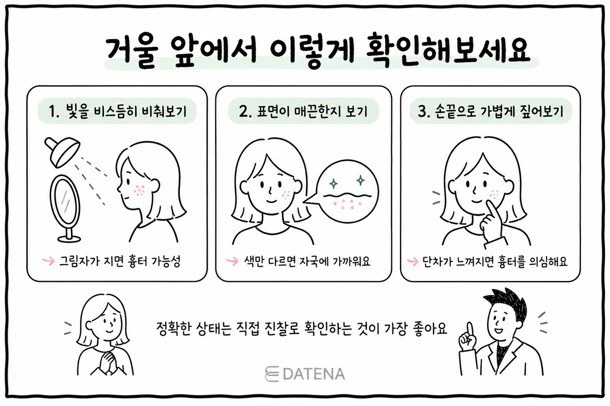 鏡の前で、斜めからの光、肌の表面、指先の感触を順番に確認する3ステップのイラスト