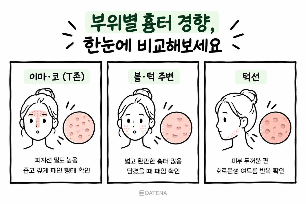 おでこと鼻のTゾーン、頬・あご周り、フェイスラインのニキビ跡の傾向を比較した顔のイラスト