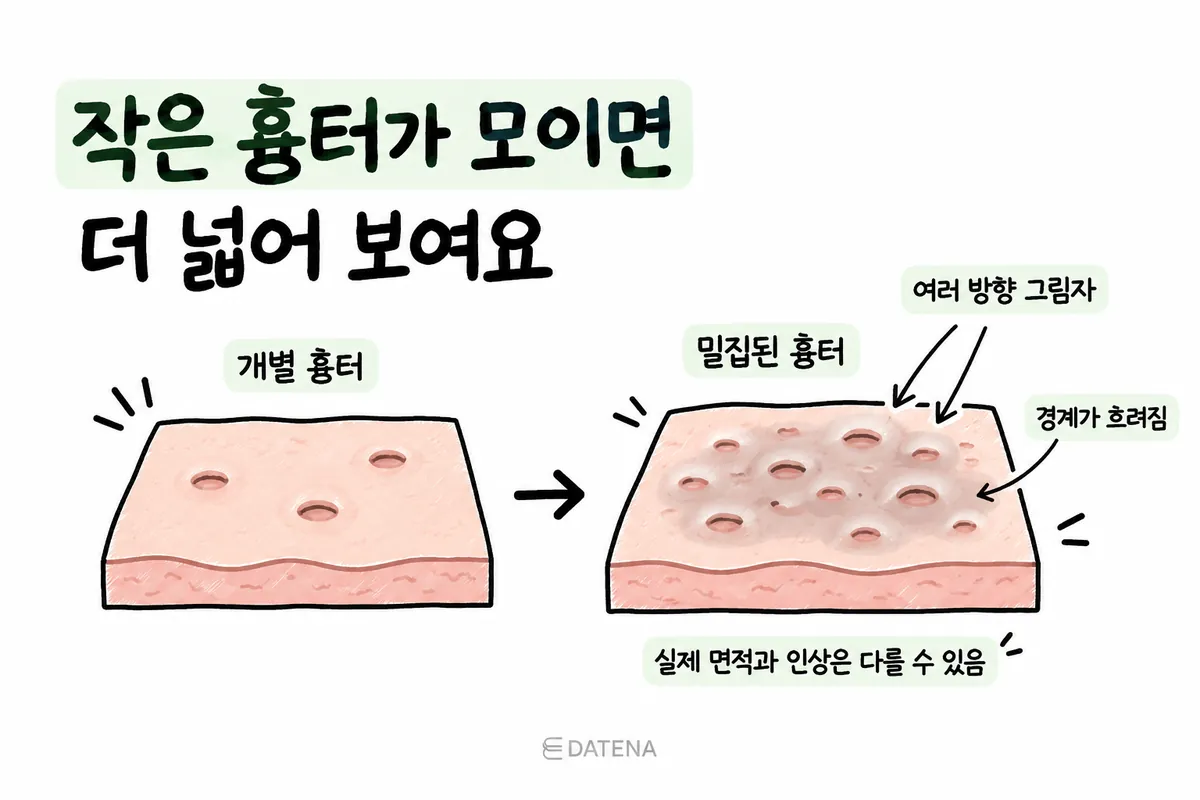 一つひとつのニキビ跡が密集すると、さまざまな方向からの影で広く見えることを示した断面イラスト