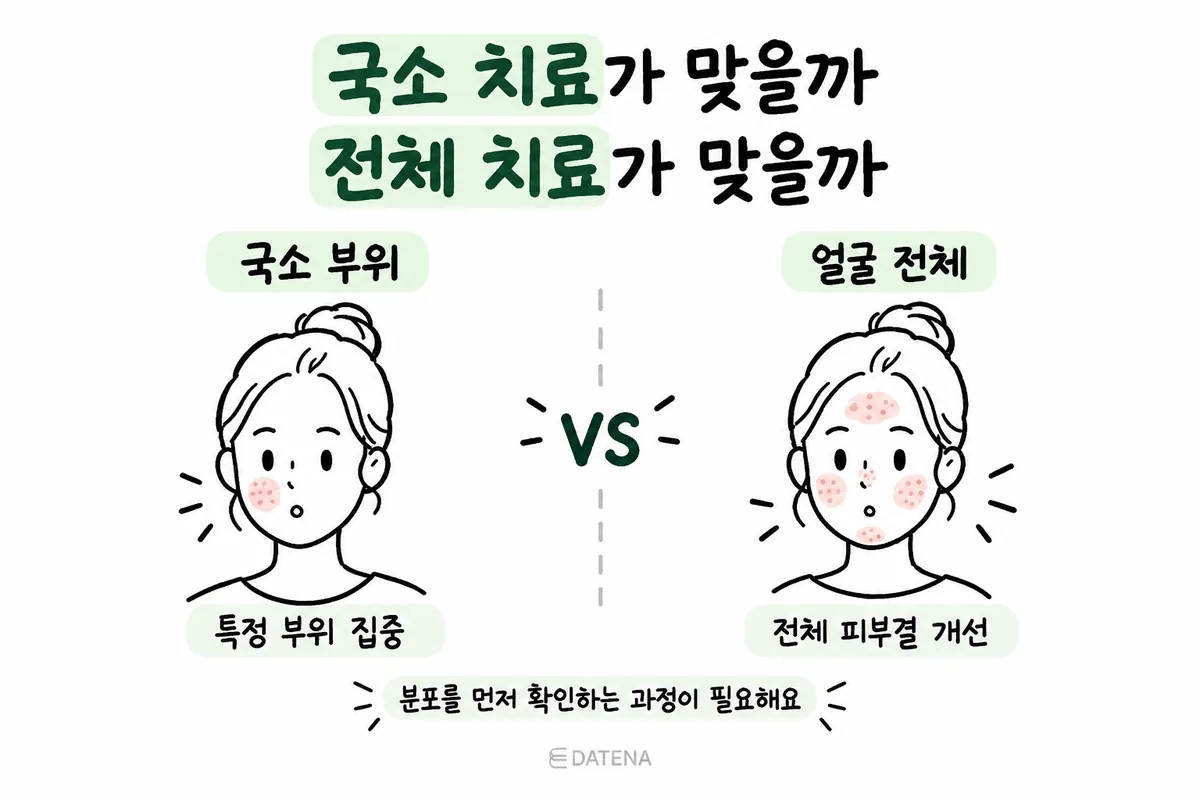 一部位に集まった跡の部分治療と、顔全体に広がった跡の全体治療を比較したイラスト