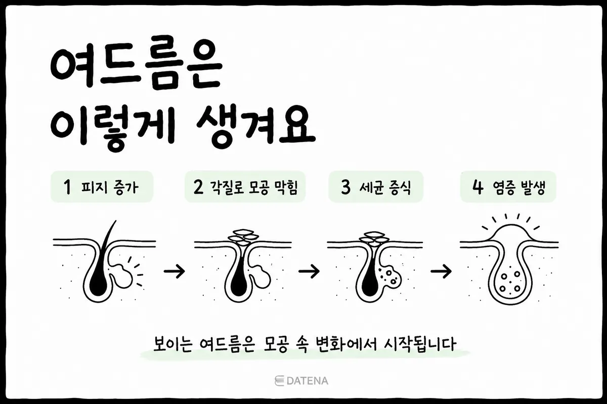 皮脂の増加から角質による毛穴詰まり、細菌の増殖、炎症の発生まで、ニキビができる4段階のプロセスを図解