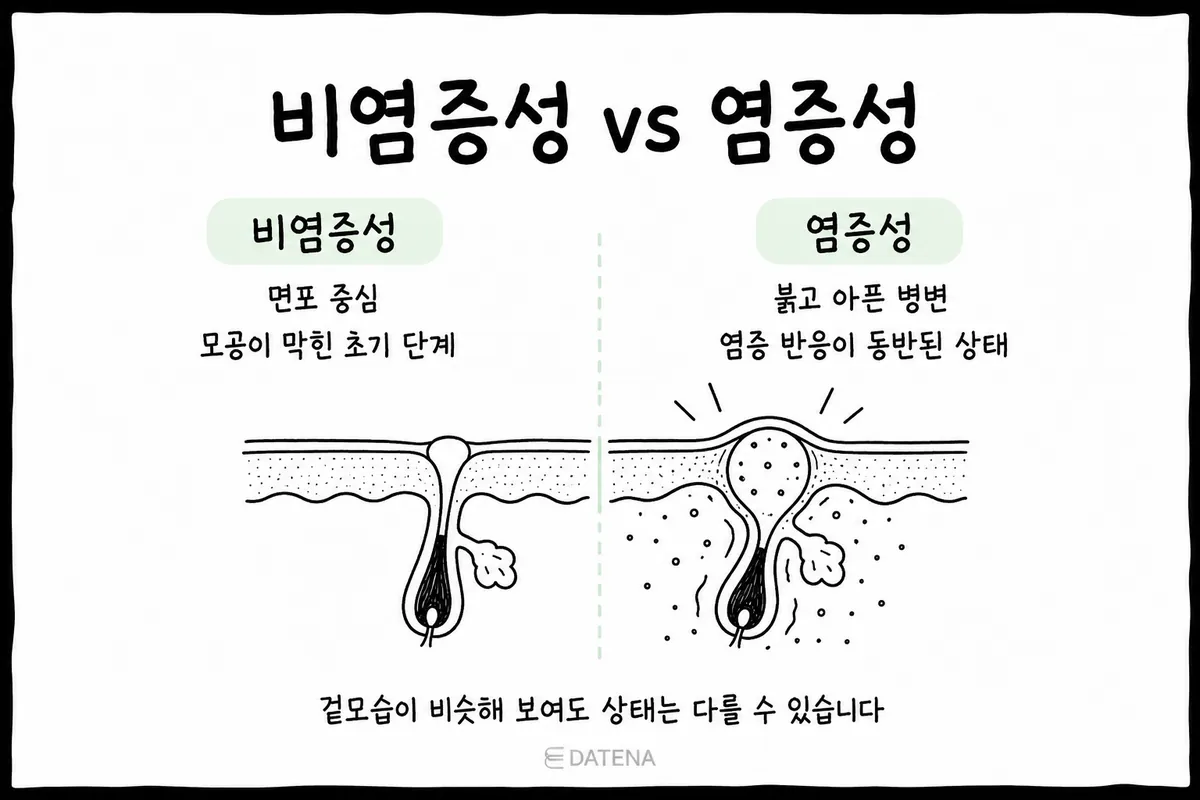 非炎症性ニキビと炎症性ニキビの特徴と、肌内部の断面の違いを比較