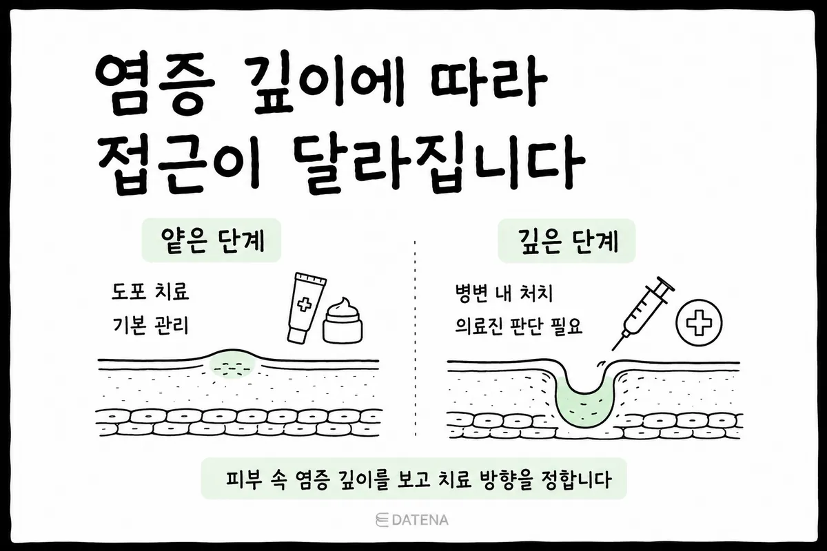 浅いニキビと深い炎症性ニキビの治療アプローチを、肌の断面・外用薬・注射のイラストで比較したカード