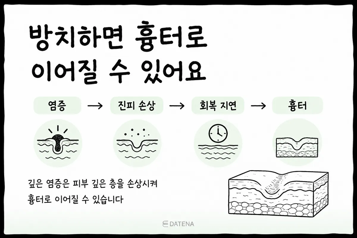 ニキビを放置した場合に炎症から真皮の損傷、跡へとつながる過程と、早期治療の大切さ