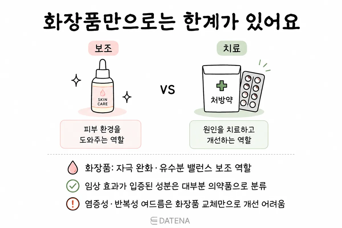 化粧品の補助的な役割と、処方治療による原因へのアプローチを比較したニキビ治療のインフォグラフィック
