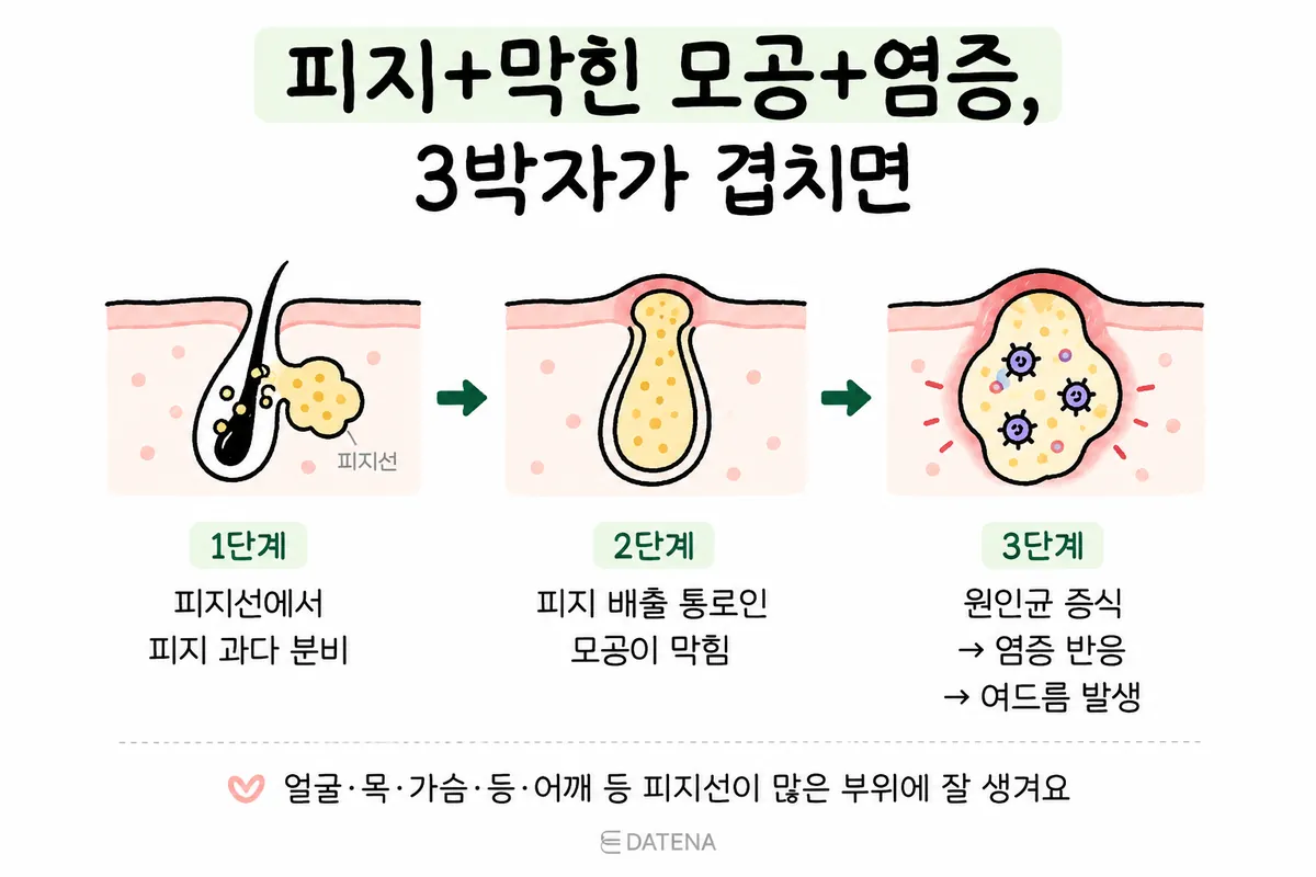 皮脂の過剰分泌と毛穴の詰まりから炎症へと進むニキビ発生の3段階を示した図