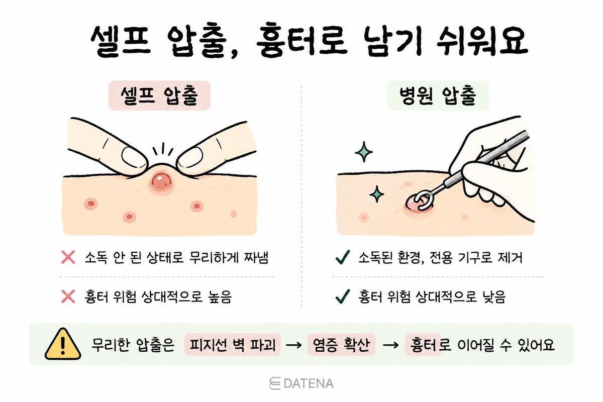 手でニキビをつぶす様子と専用器具で圧出する様子を比較し、跡が残るリスクを説明した図