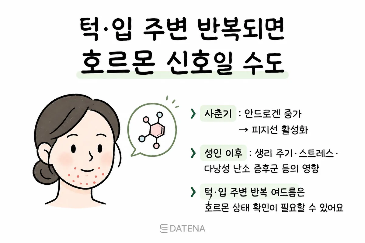 あごや口まわりのニキビが、思春期のアンドロゲンや大人になってからのホルモン変化の影響を受けることがあると説明した図