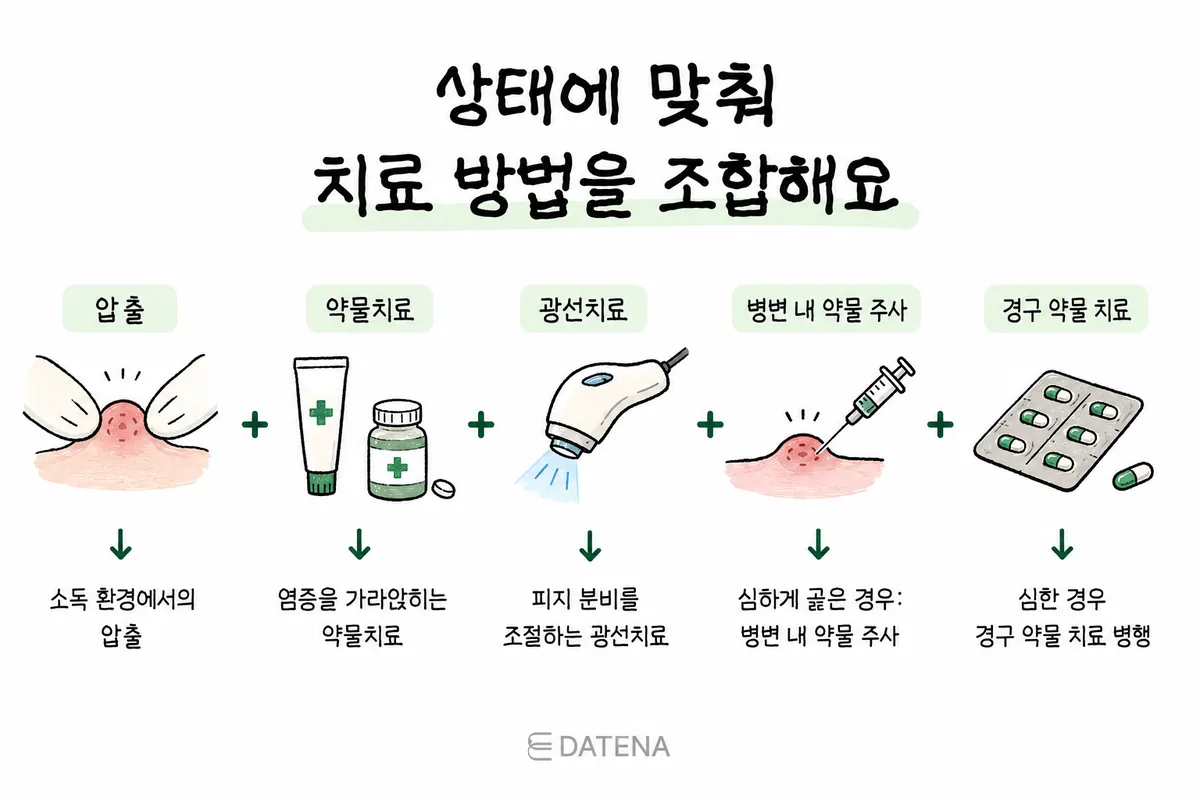 圧出、外用薬治療、光治療、病変部への注射、内服薬など、ニキビの状態別の治療法を並べた図