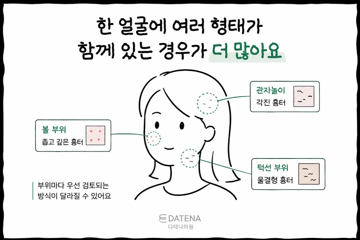 頬・こめかみ・あごに異なるタイプのニキビ跡が示された顔のイラスト