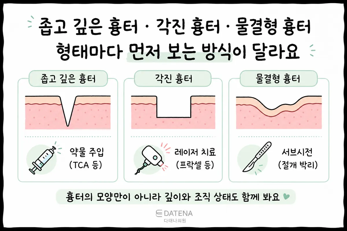 3つのタイプのニキビ跡と、薬剤注入・レーザー・サブシジョン治療の例を並べたイラスト