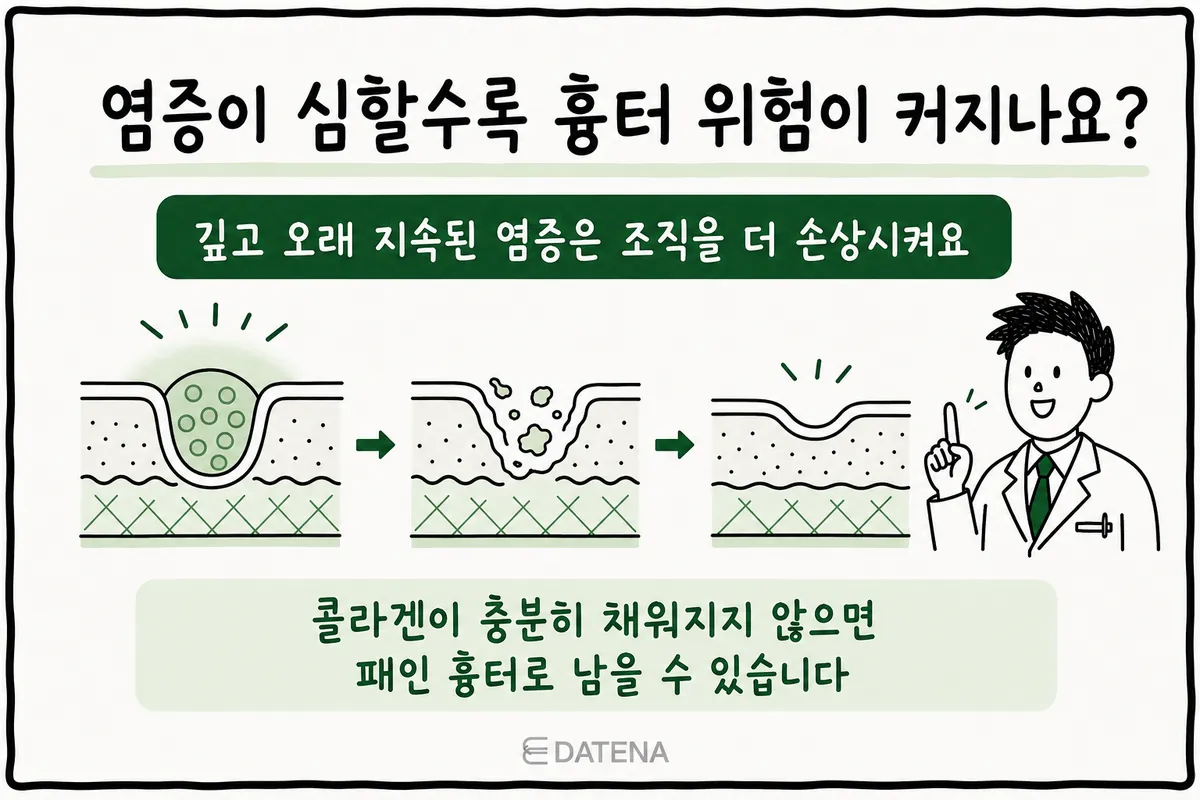 深い炎症が周囲の肌組織を傷つけ、へこんだ傷跡につながる過程を示した肌の断面図