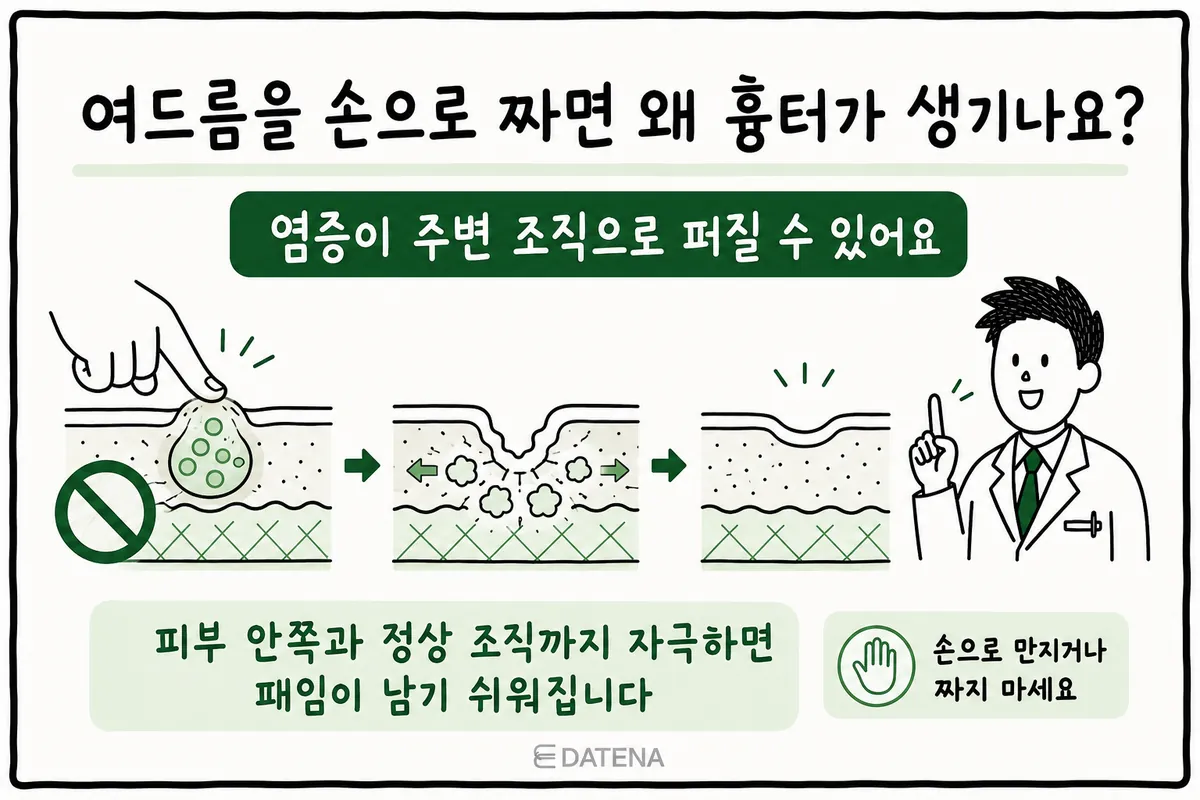手でニキビをつぶしたときに、炎症物質が周囲や肌の奥へ広がる過程を描いた肌の断面図