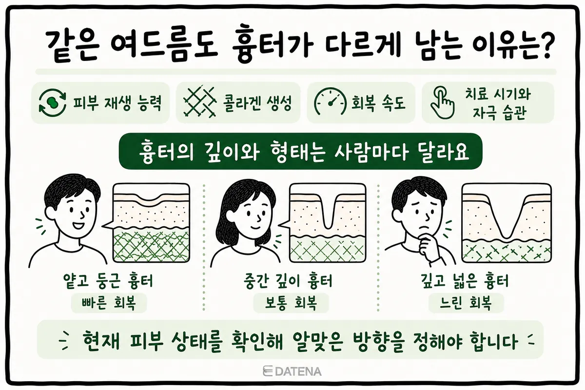 肌の再生力やコラーゲン生成の違いによって傷跡の深さが変わる、3人の例を示したイラスト