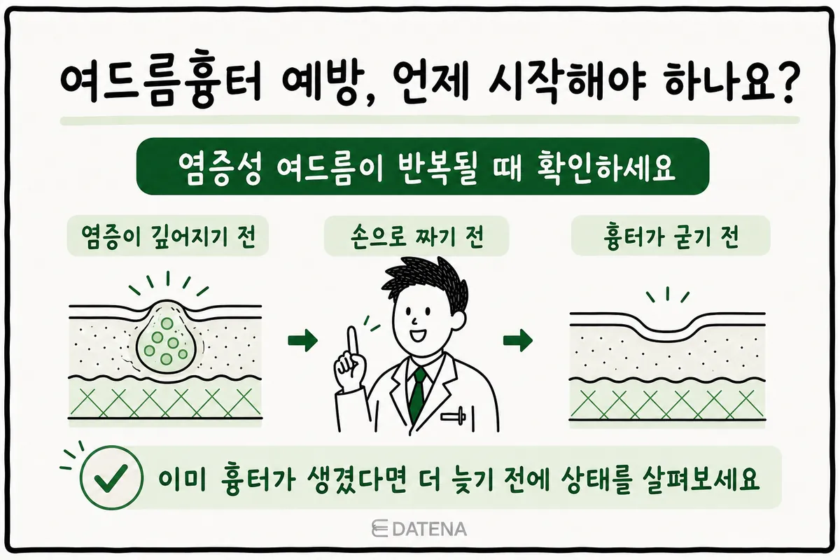 炎症性ニキビを繰り返し始めてから、へこんだ傷跡が固まるまでの予防のタイミングを示したイラスト