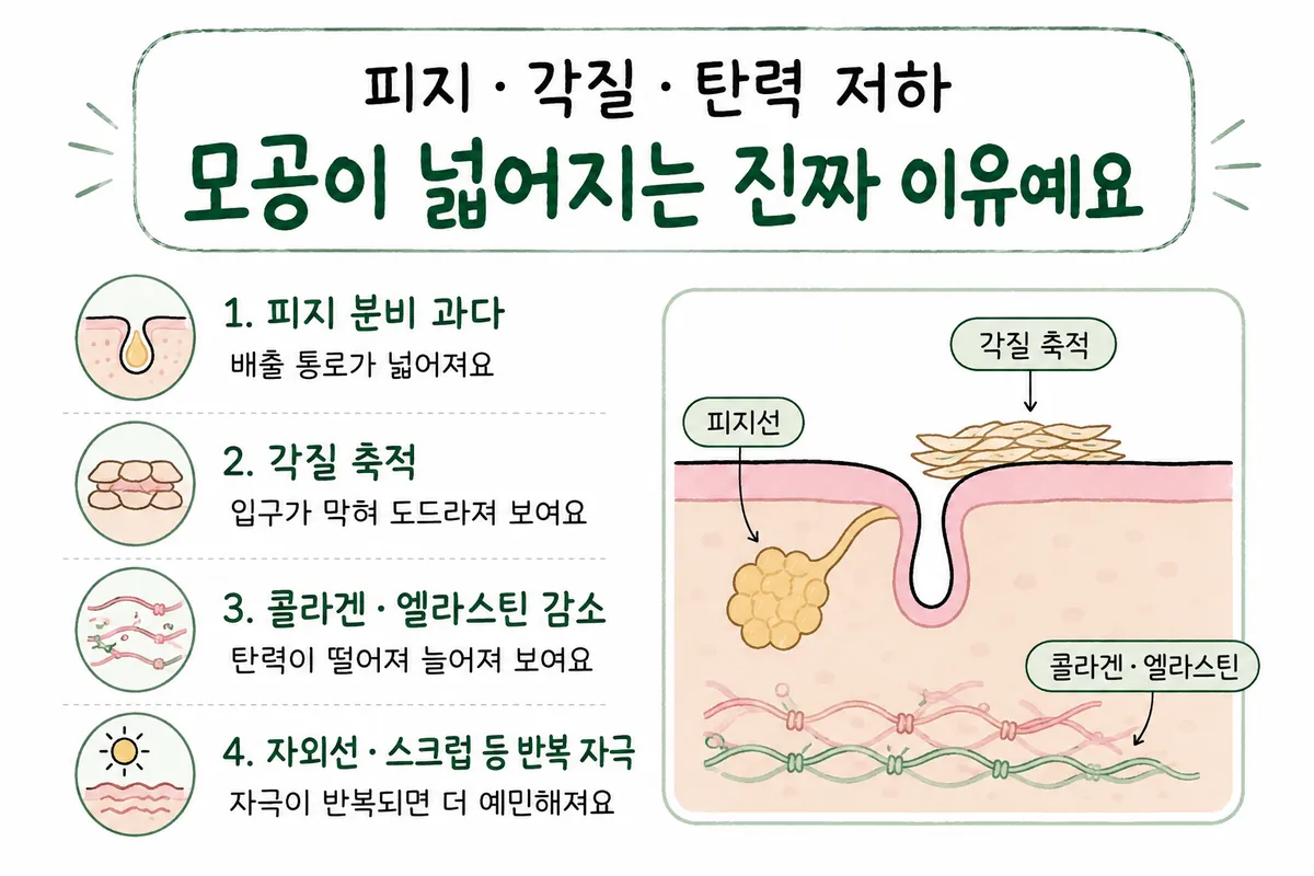 皮脂分泌・角質の蓄積・肌の弾力変化によって毛穴が広がって見える原因のイラスト