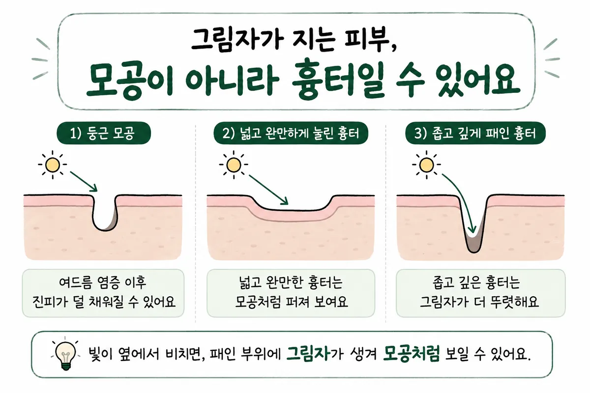 広がった毛穴、広くなだらかな傷あと、狭く深い傷あとの断面と影の比較
