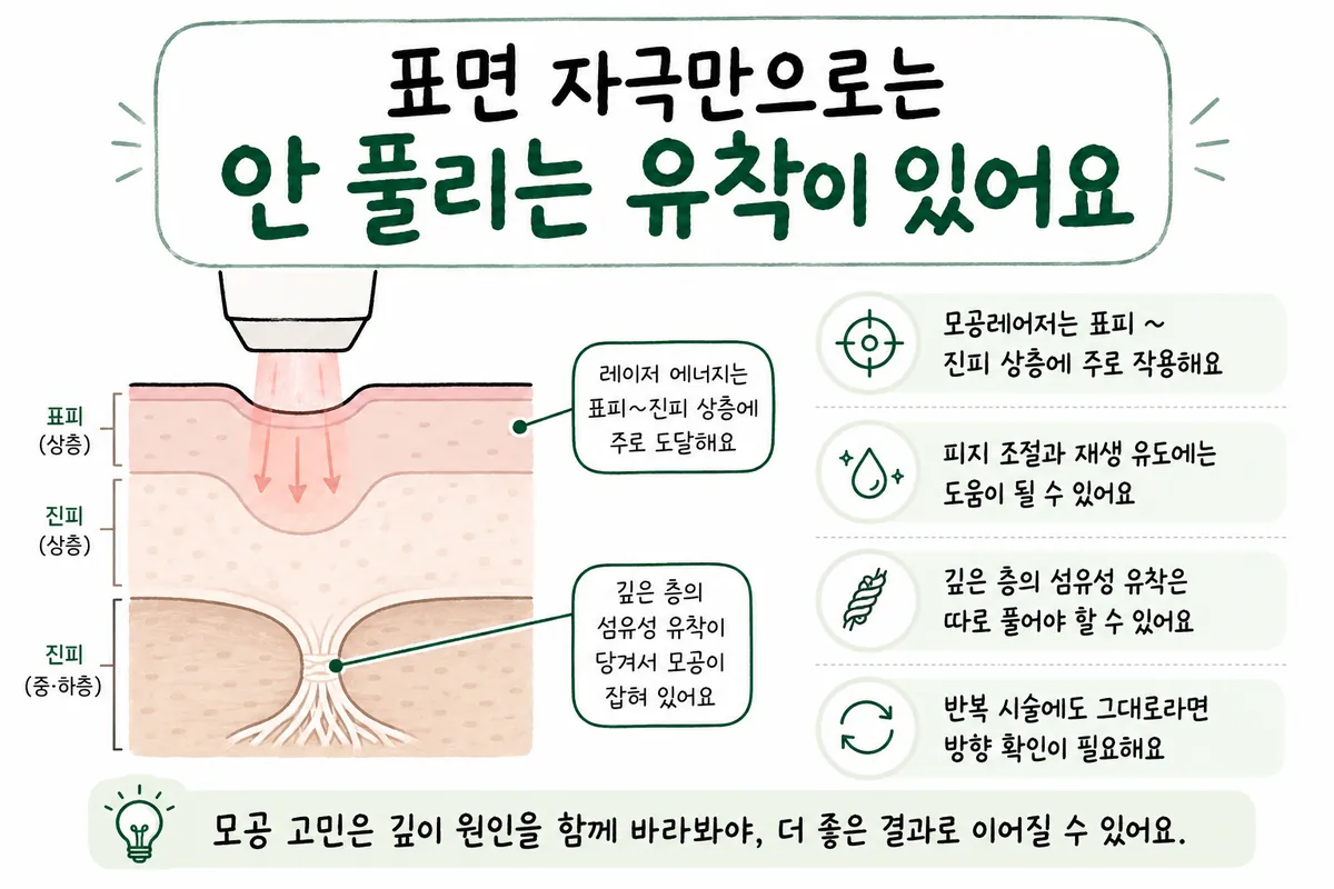 毛穴レーザーの表面刺激と、肌の深い層の癒着を比較した肌断面のイラスト