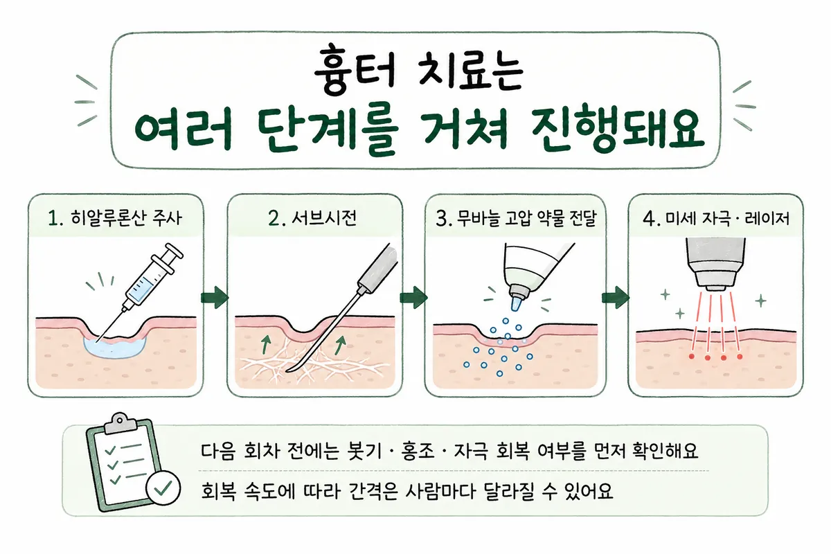 傷あと治療のスペース確保・サブシジョン・薬剤注入・微細刺激とレーザーの流れを示した図