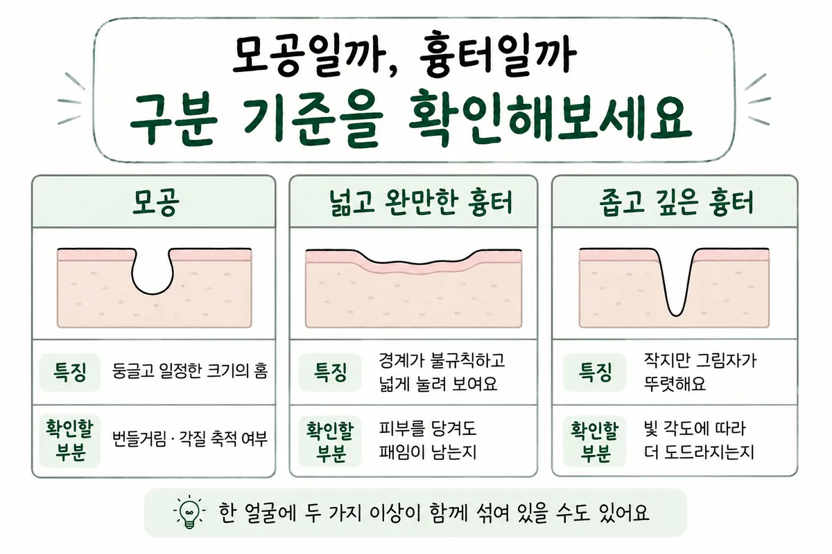 毛穴、広くなだらかな傷あと、狭く深い傷あとの形状と確認ポイントの比較表