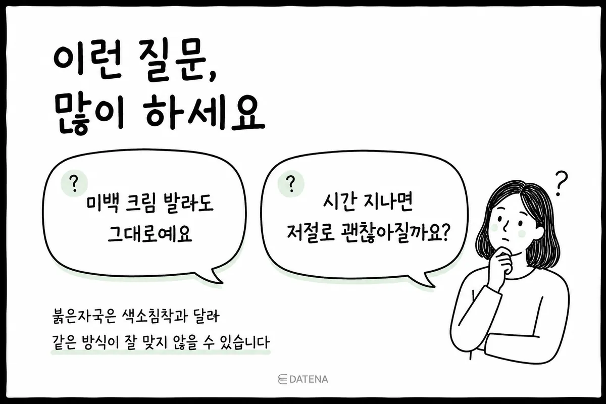 ニキビの赤み跡に美白クリームが効かない理由と、自然に治るのかを問いかけるイラスト