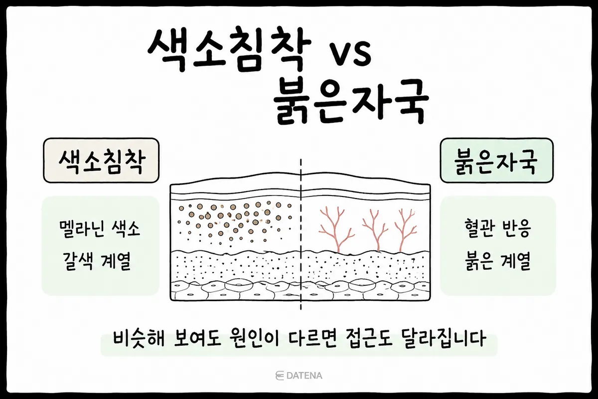 メラニン色素がたまった色素沈着と、血管が透けて見えるニキビの赤み跡の肌断面比較