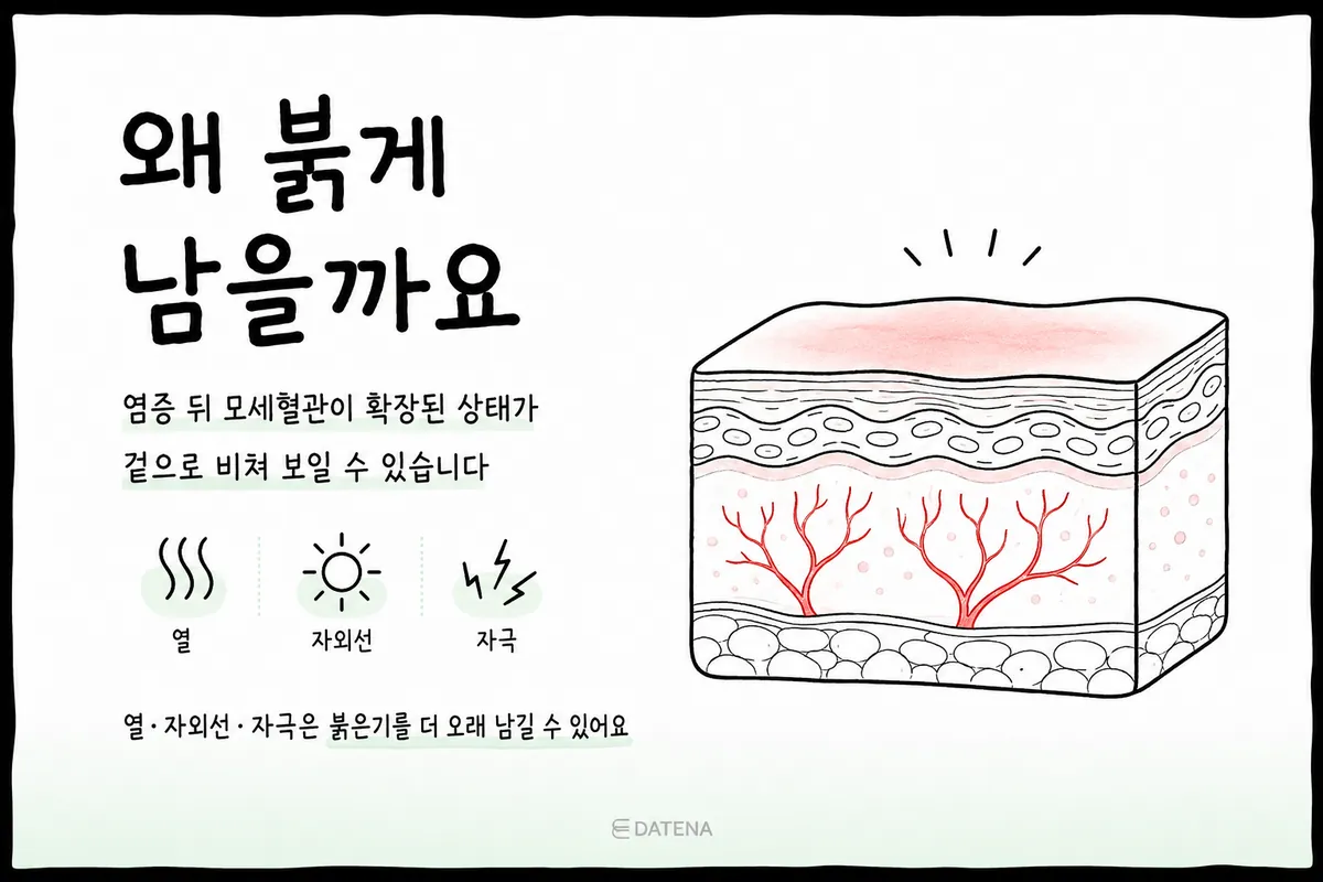 ニキビの炎症後に拡張した毛細血管が皮膚の下で赤く透けて見える断面図