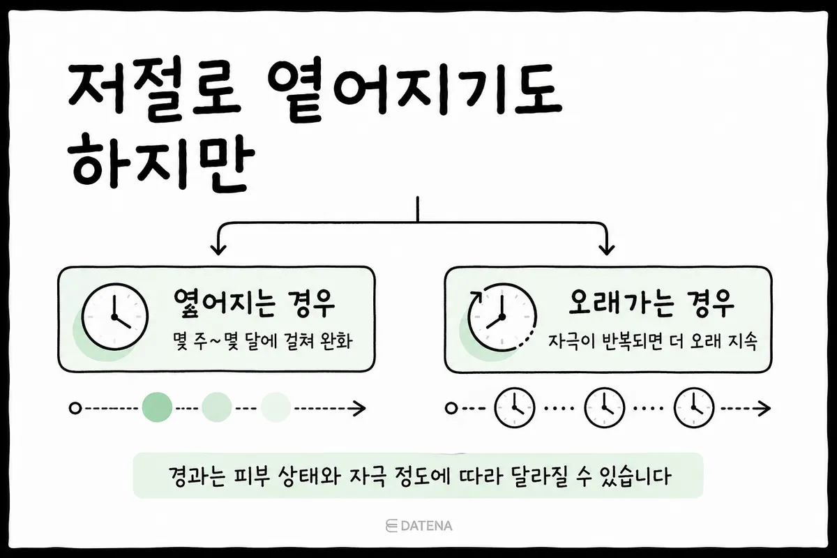 ニキビの赤み跡が時間とともに薄くなる場合と長く続く場合を比較した図表