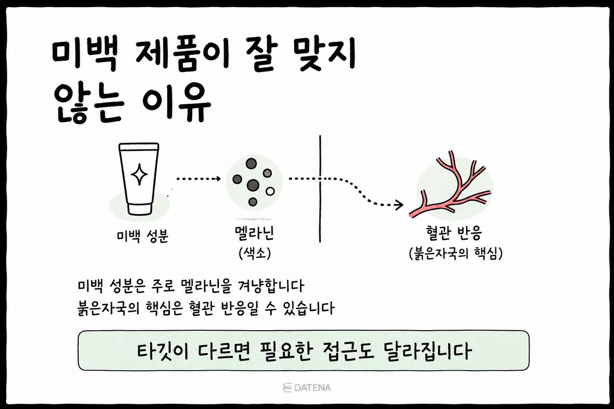 美白成分のメラニンへの作用と、赤み跡の血管反応を区別して示した図