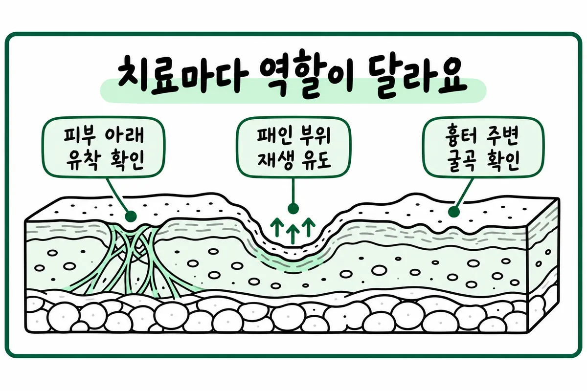 皮膚下の癒着の確認・凹んだ部分の再生促進・跡周辺の凹凸の確認を示した治療の役割のイラスト