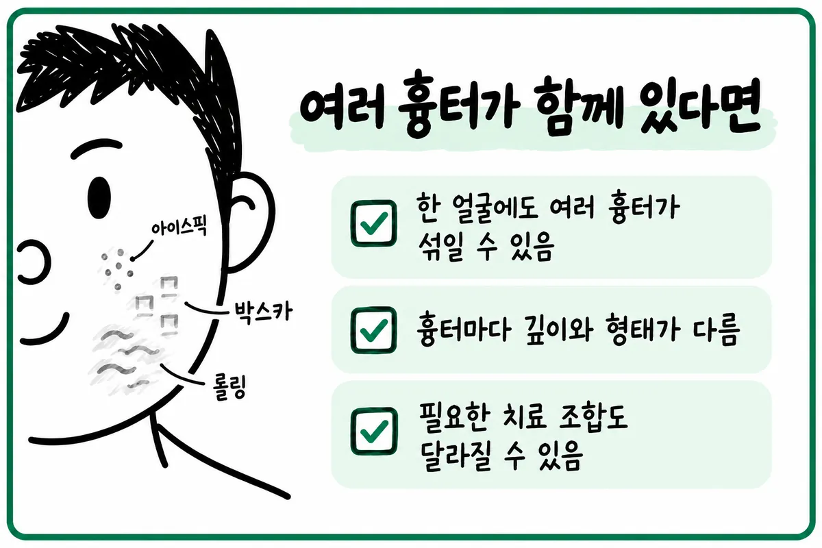 ひとつの顔にアイスピック型・ボックスカー型など複数の跡が混在する様子を説明したイラスト
