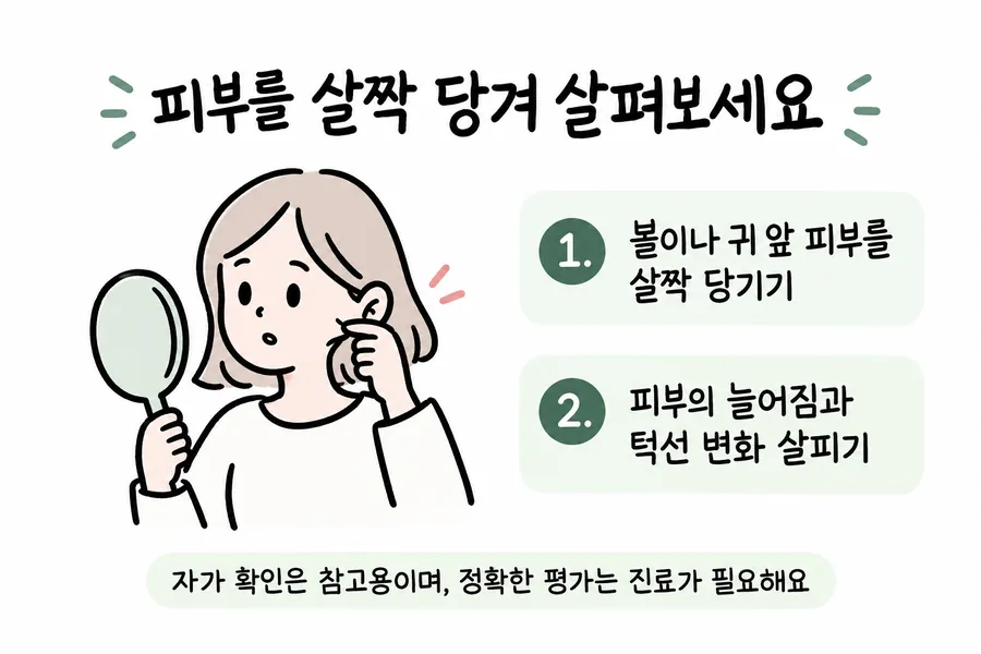 頬と耳の前の皮膚を軽く引っ張り、たるみやフェイスラインの変化を確認する様子